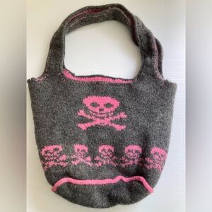 Felted Wool Skull Bones Handle Tote Handbag Purse Pink Gray Handmade Goth Emo